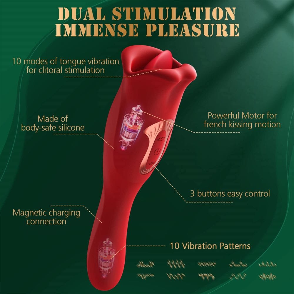 Red rose G-spot and clit vibrator with tongue-flicking tip, photo 6