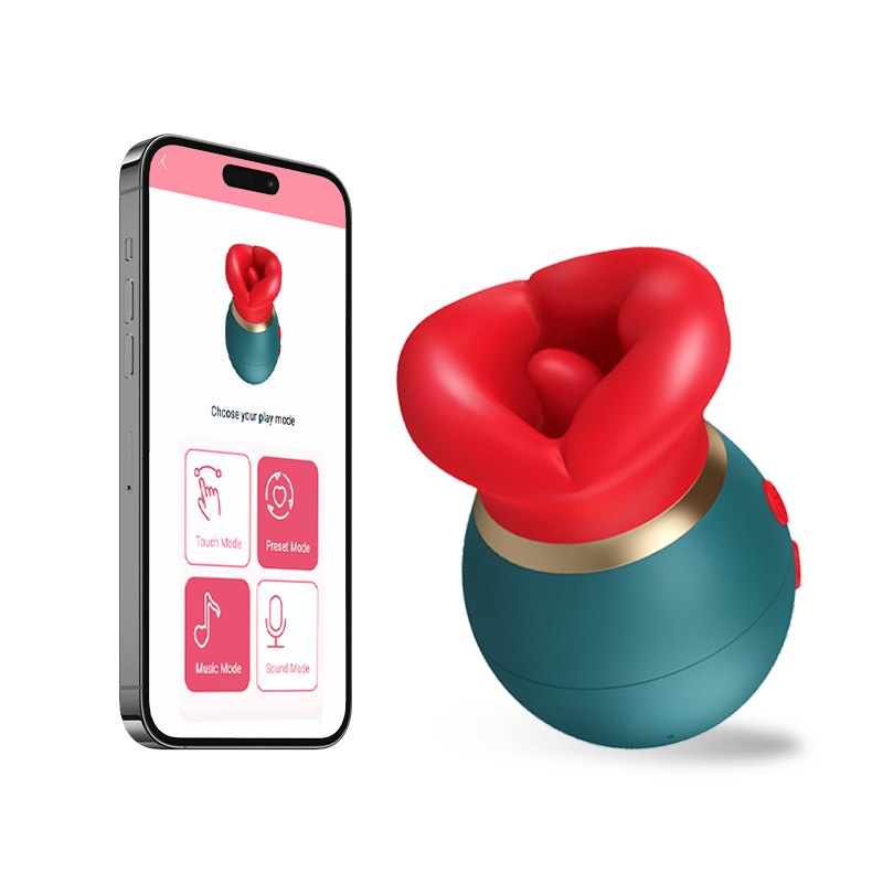 Red rose tongue vibrator with teal base, photo 1