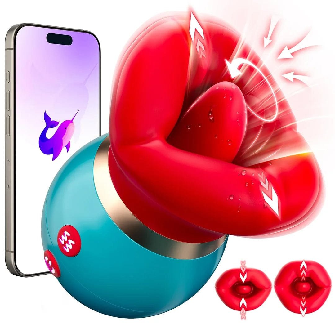 Red rose tongue vibrator with teal base, photo 2