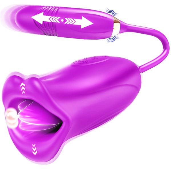 Purple silicone rose toy with tongue and thrusting vibrator