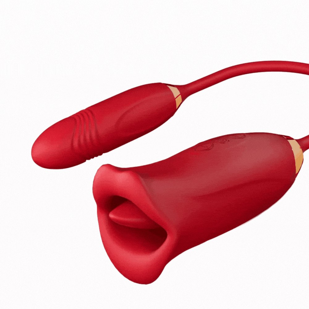 Red silicone rose toy with tongue and thrusting vibrator