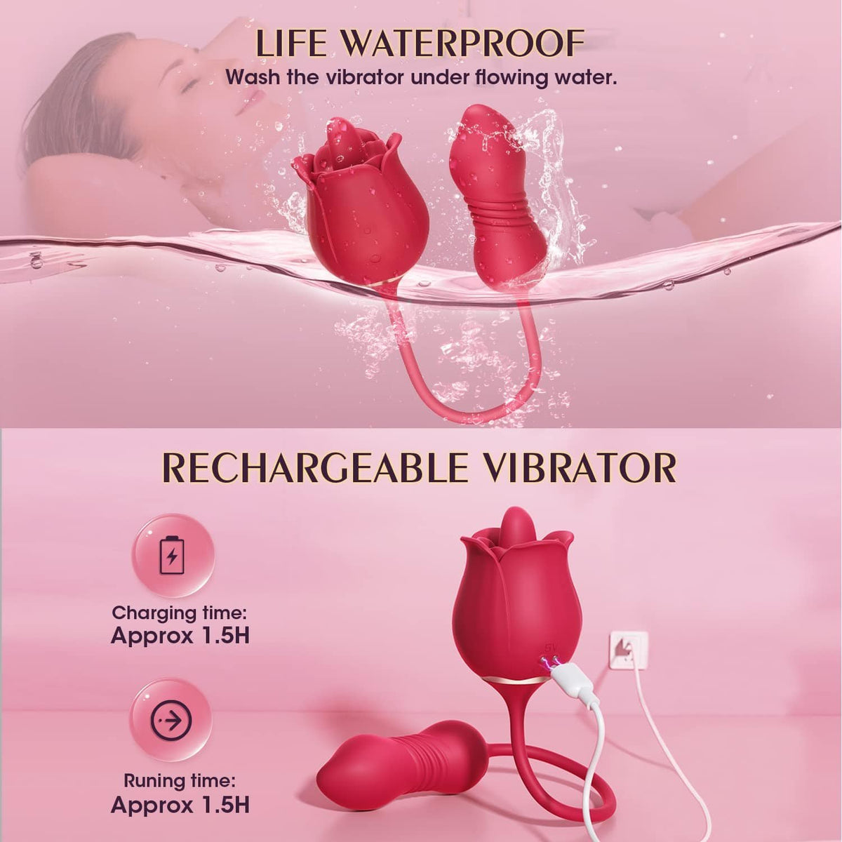 Rose red silicone tongue and egg vibrator, photo 7