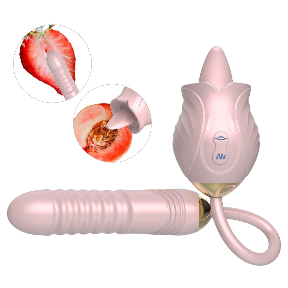 Pink rose toy with tongue licking head and ribbed wand