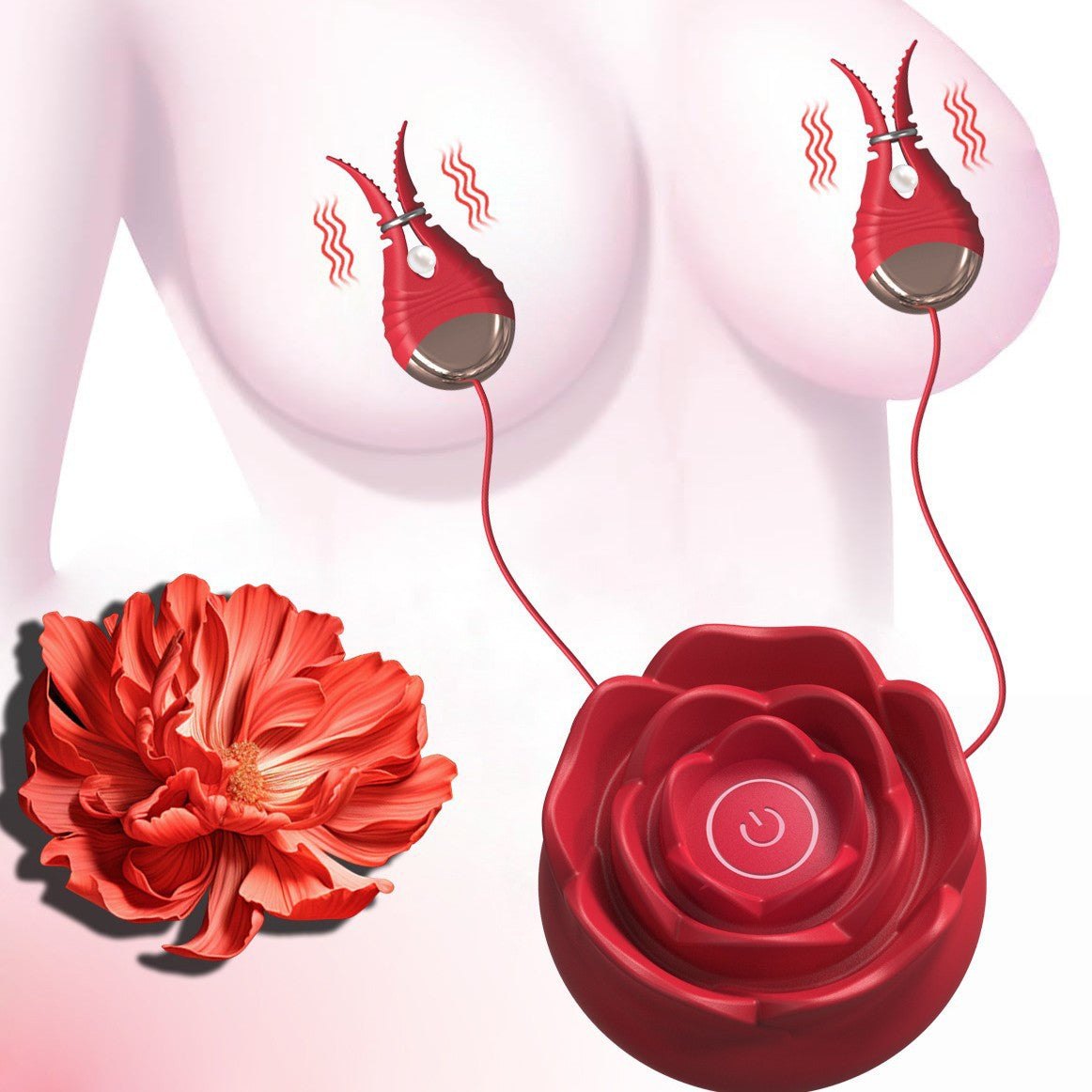 Red rose-shaped vibrating nipple clamps, photo 1