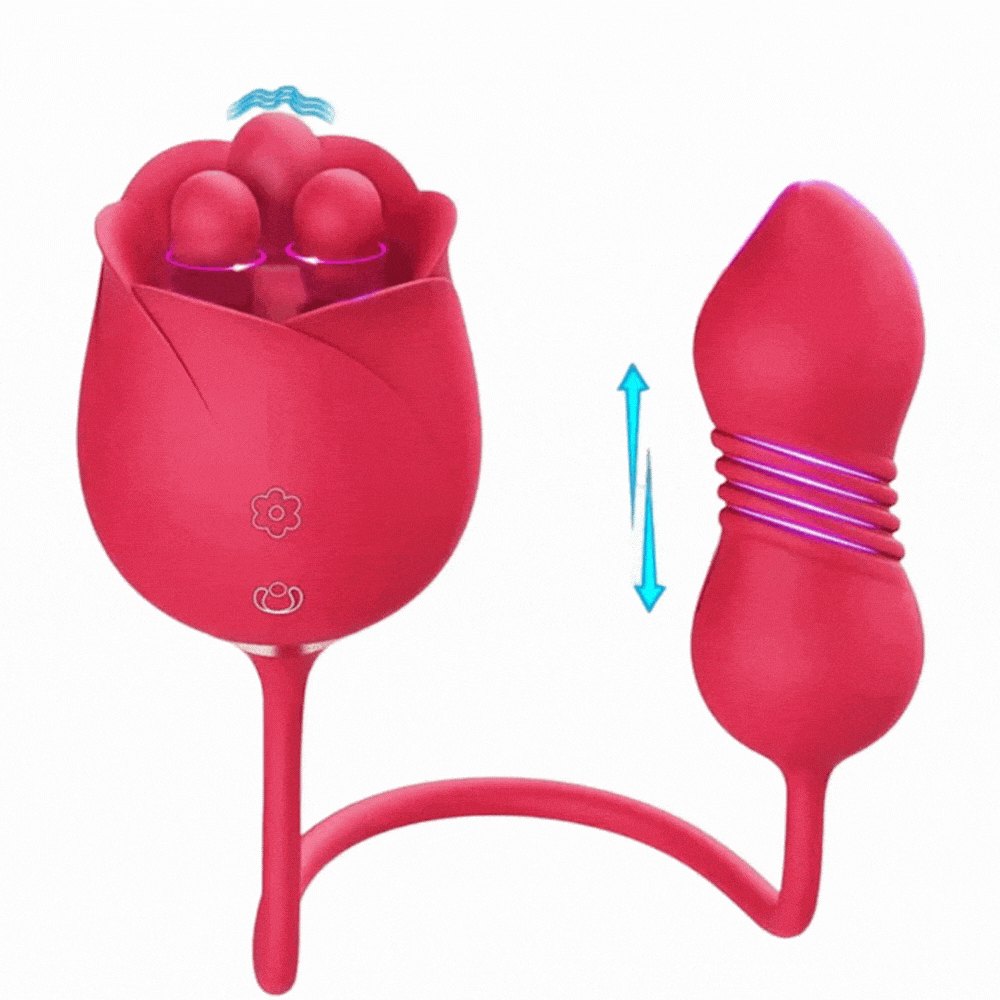 Rose red silicone rose vibrator with telescoping egg, photo 1