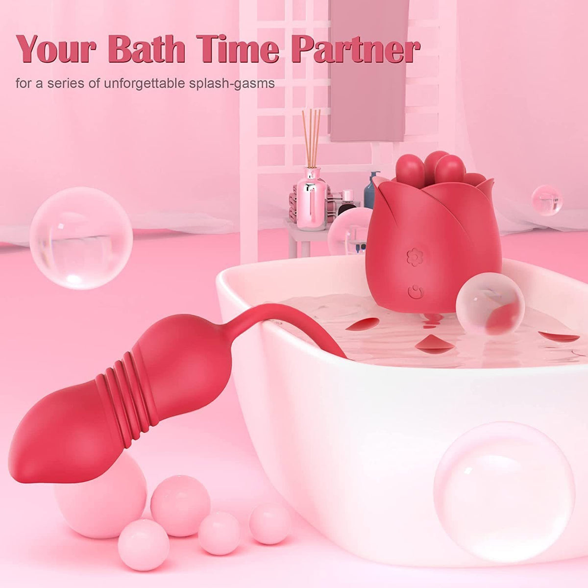Rose red silicone rose vibrator with telescoping egg, photo 6