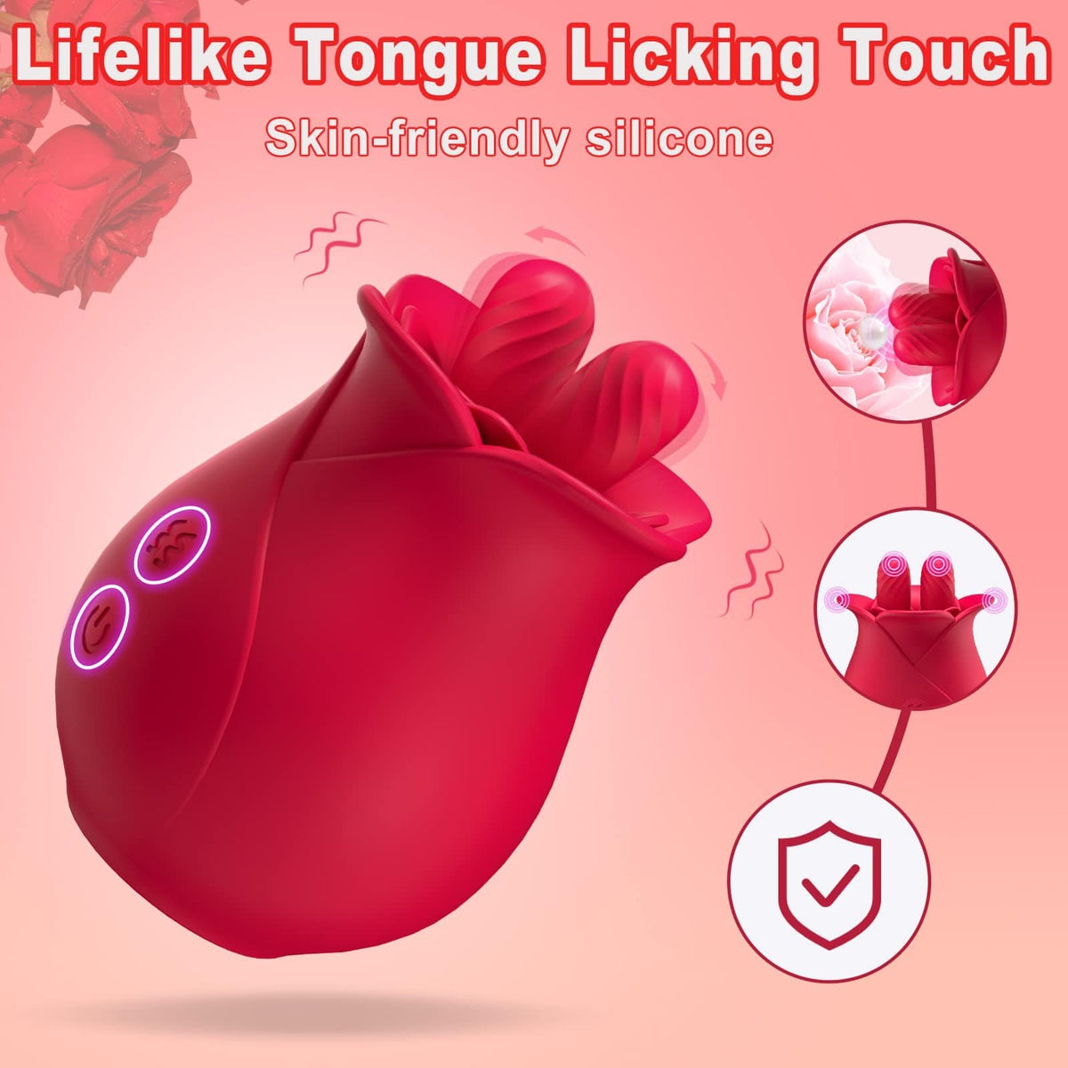 Rose pink silicone rose vibrator with licking petals, photo 6