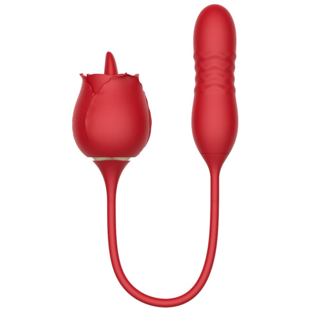 Red silicone rose vibrator with thrusting shaft, photo 1