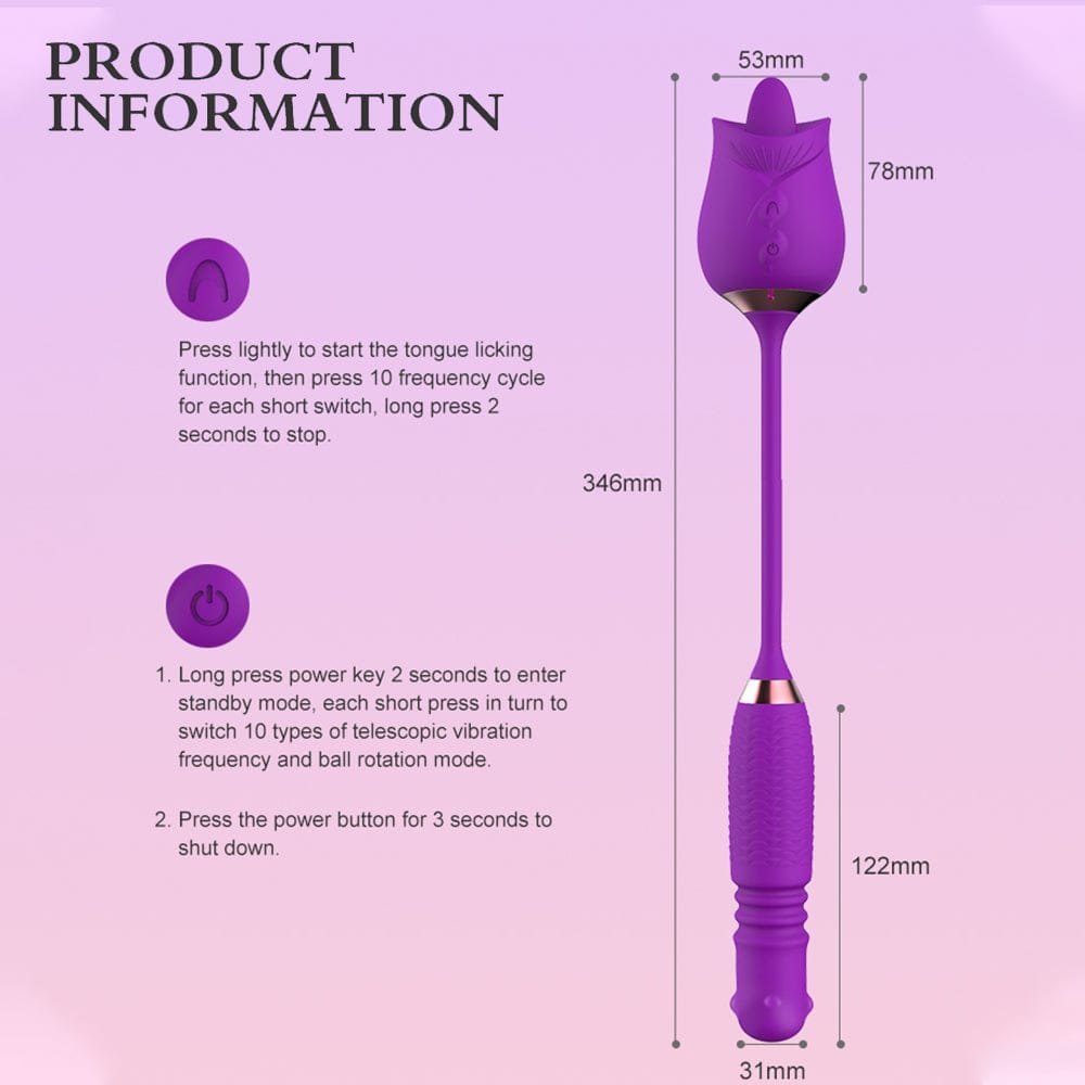 Silicone rose toy with rotating pearls and telescopic shaft, photo 7