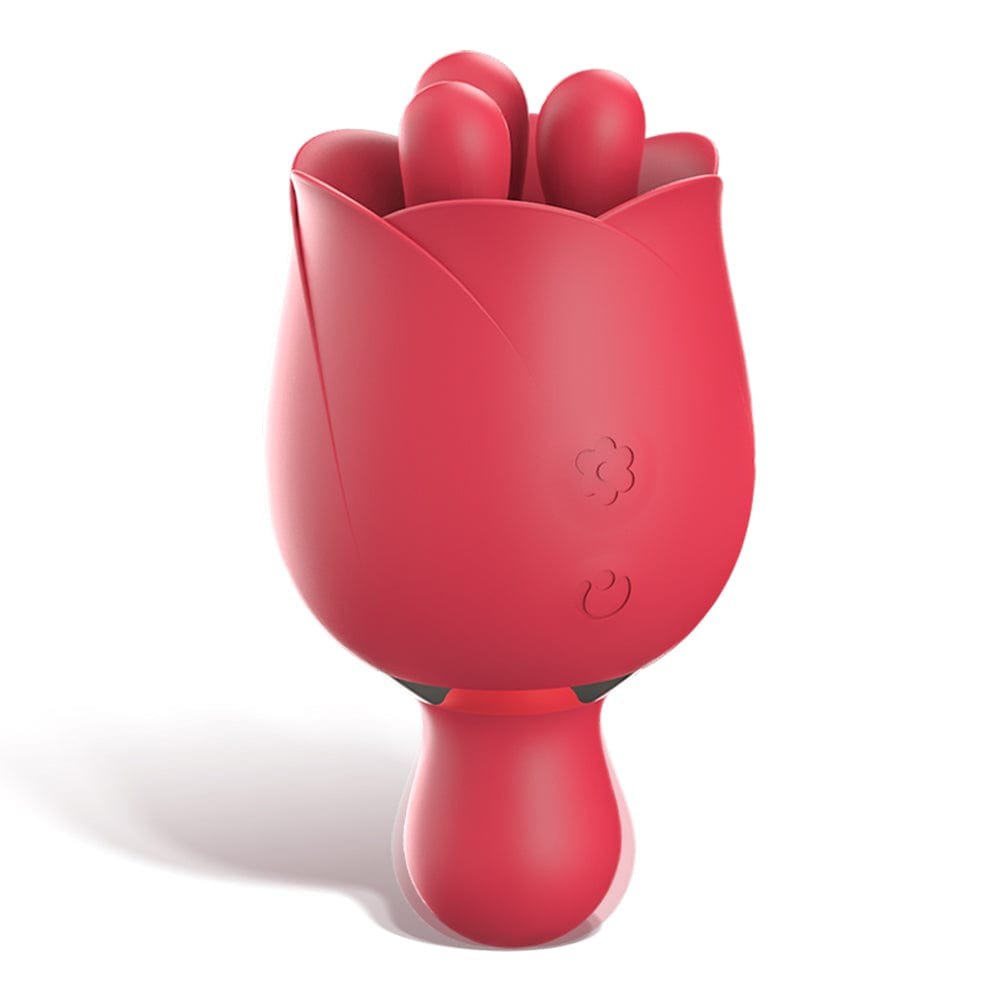 Pink rose-shaped clitoral vibrator with rotating head and G-spot arm
