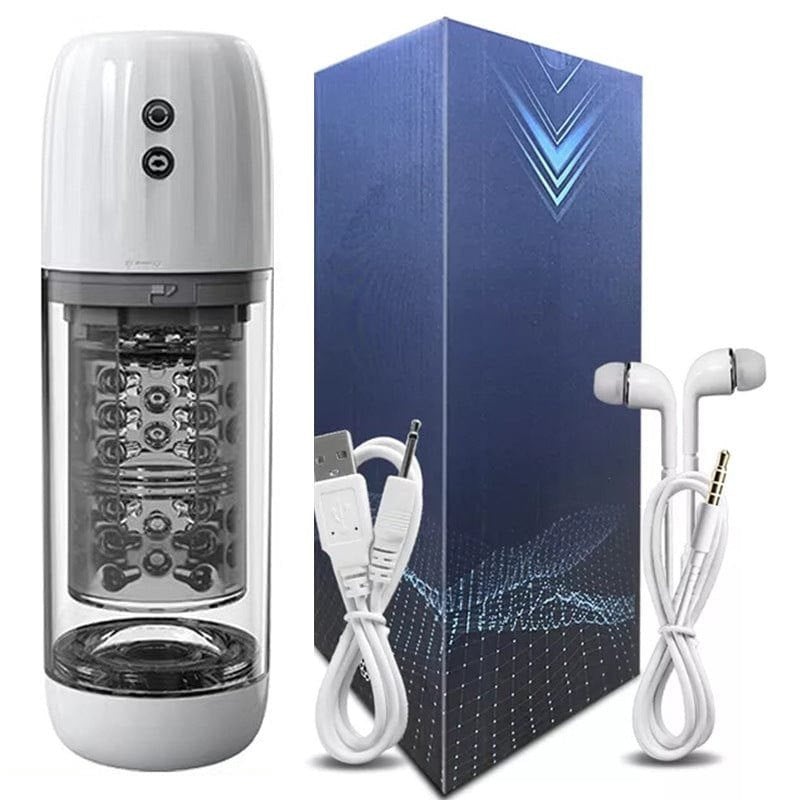 White Rotating and sucking male masturbator cup, open view