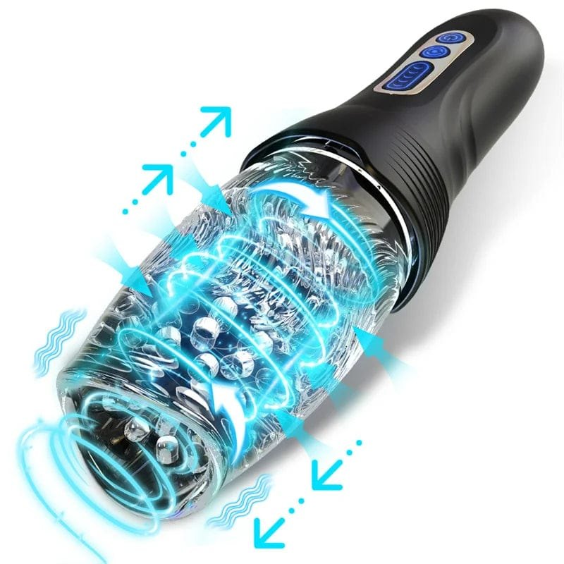 Black rotating thrusting male masturbator with clear sleeve, photo 1
