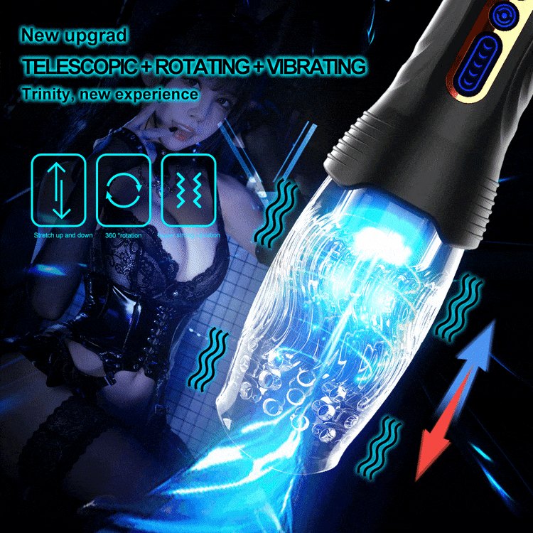 Black rotating thrusting male masturbator with clear sleeve, photo 3