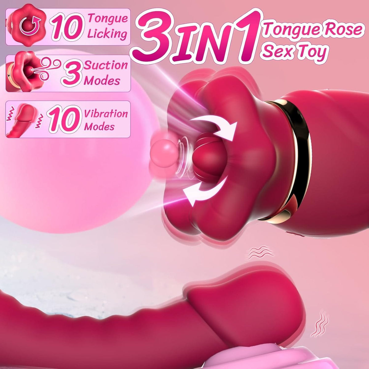 Red silicone rose tongue suction vibrator, photo 2