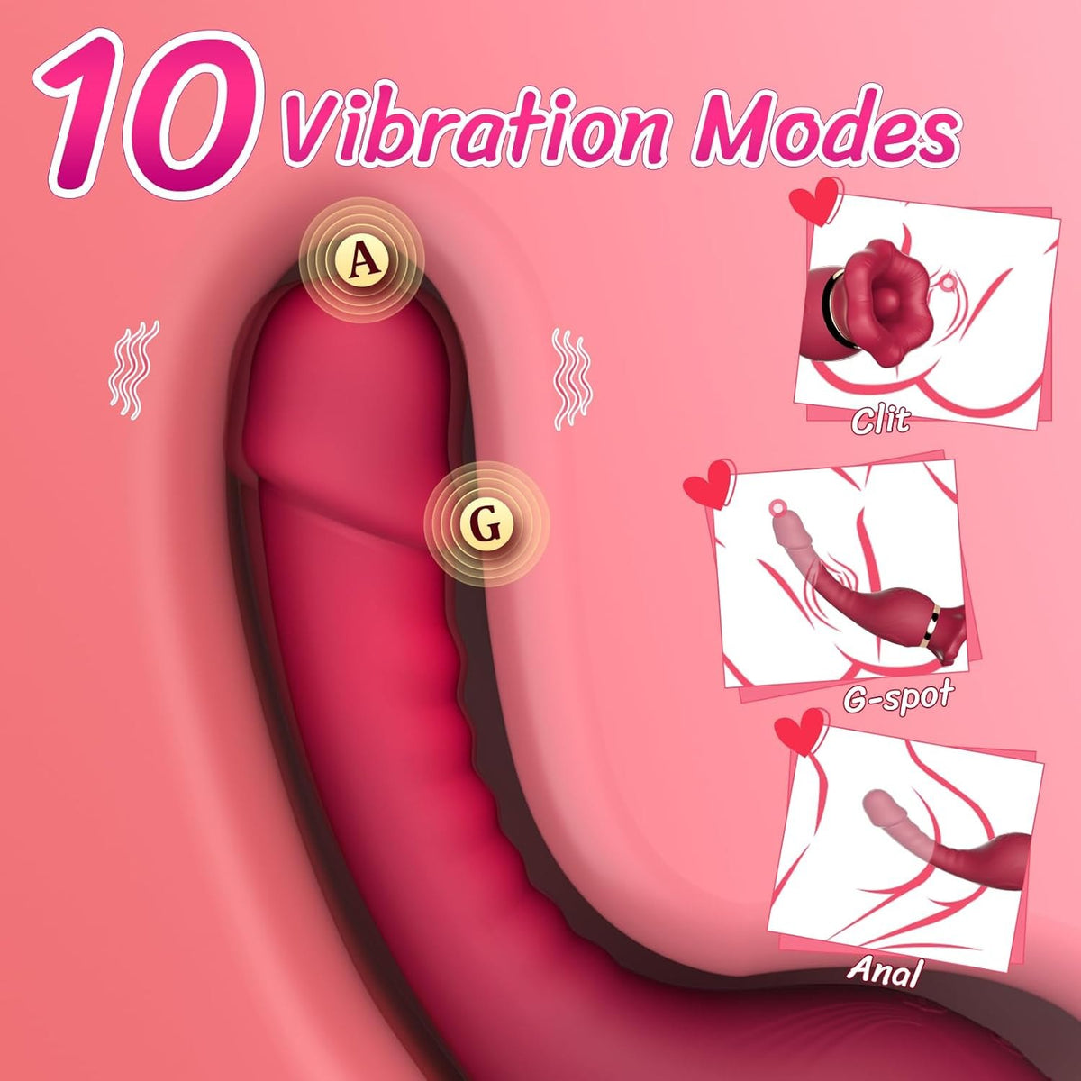 Red silicone rose tongue suction vibrator, photo 4