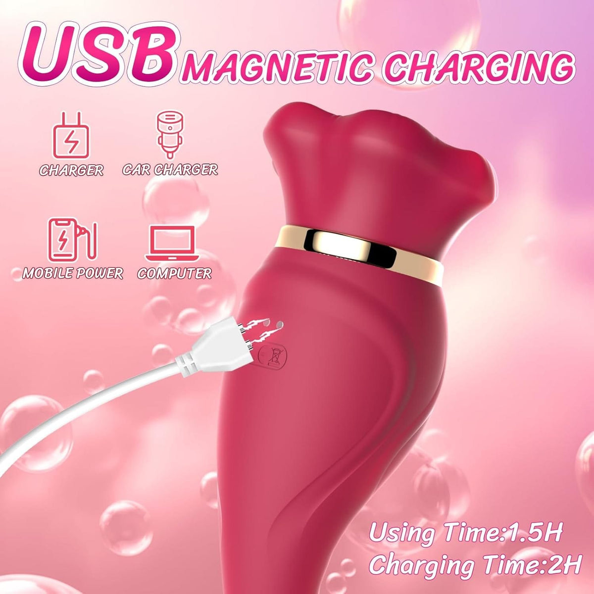 Red silicone rose tongue suction vibrator, photo 6