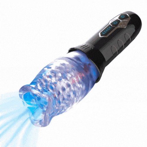 Transparent rotating vibrating male masturbator with fish-mouth opening