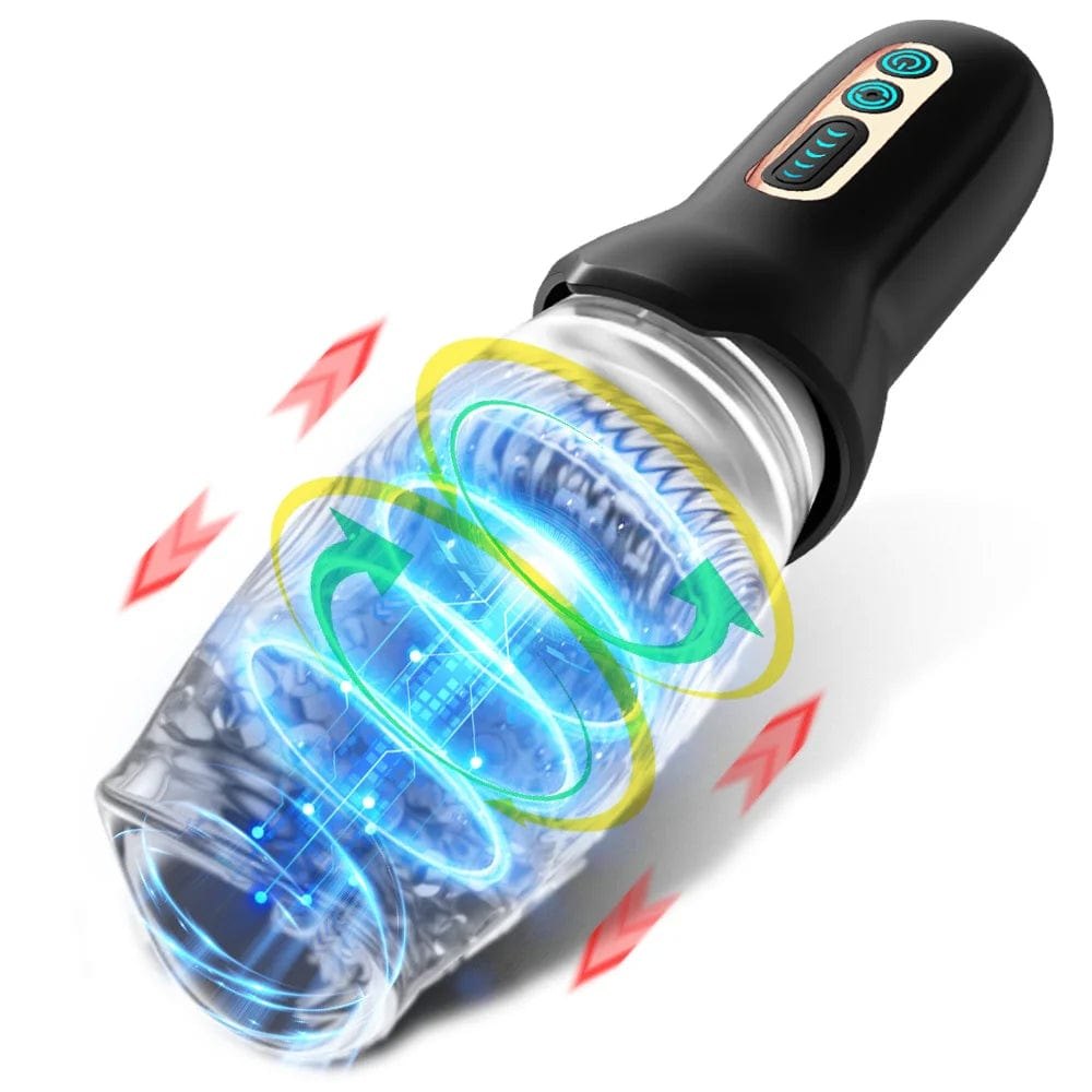Black rotating masturbator with clear sleeve, photo 1