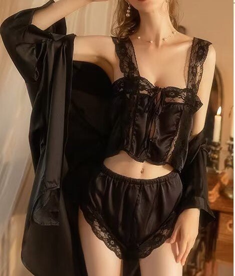 Black Top + Pants + Robe ruffle lace satin loungewear set