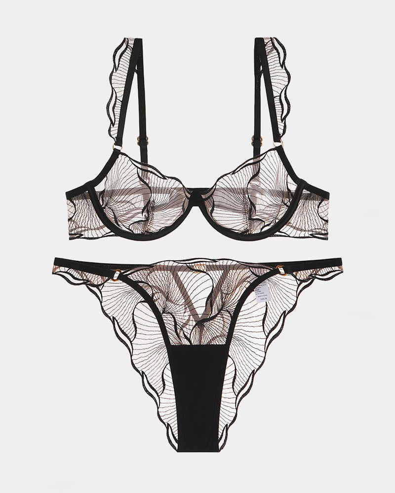 Ruffle strap embroidered mesh bra panty set, photo 2