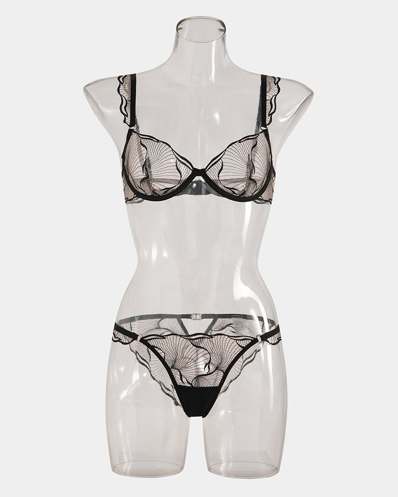 Ruffle strap embroidered mesh bra panty set, photo 3