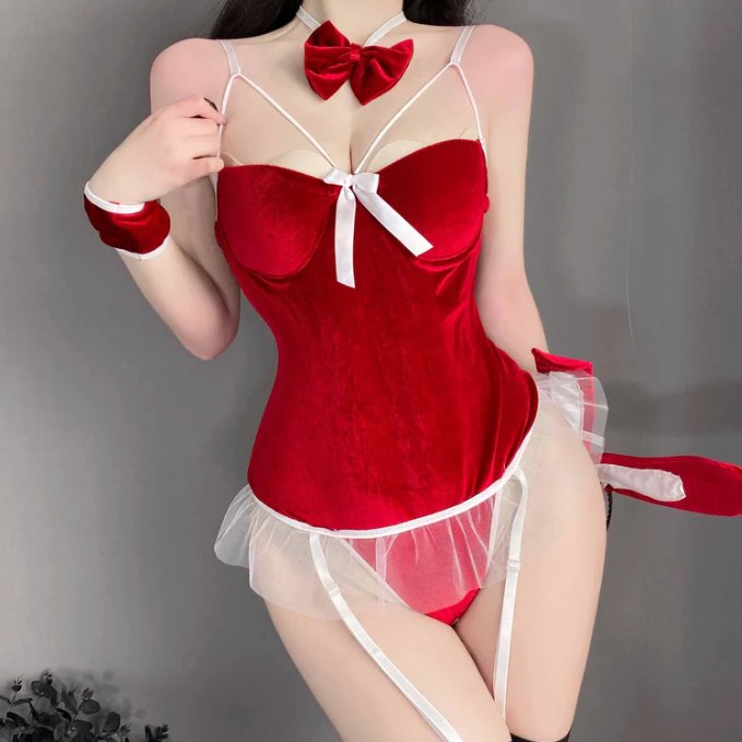 Red + Stockings ruffle trim bunny girl bodysuit