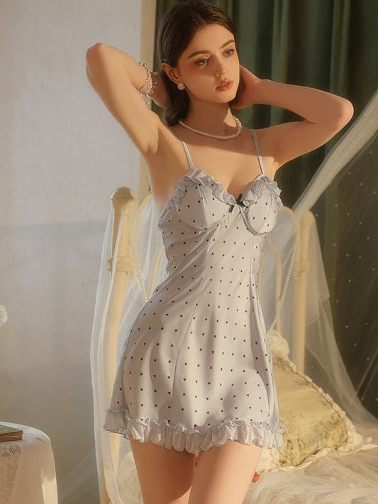 Light Blue ruffle trim heart print slip dress