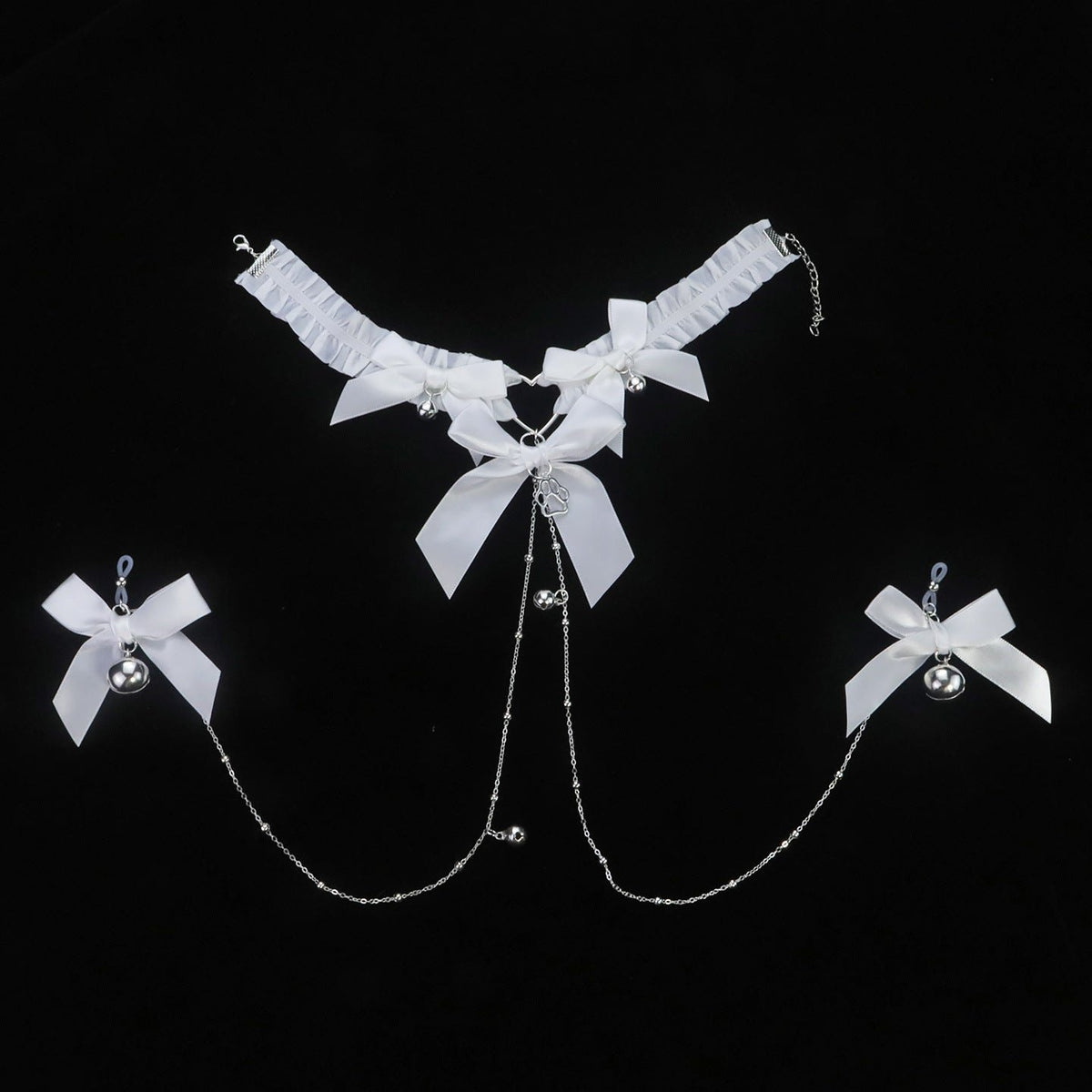White bow choker with nipple clamps and body chain, photo 7
