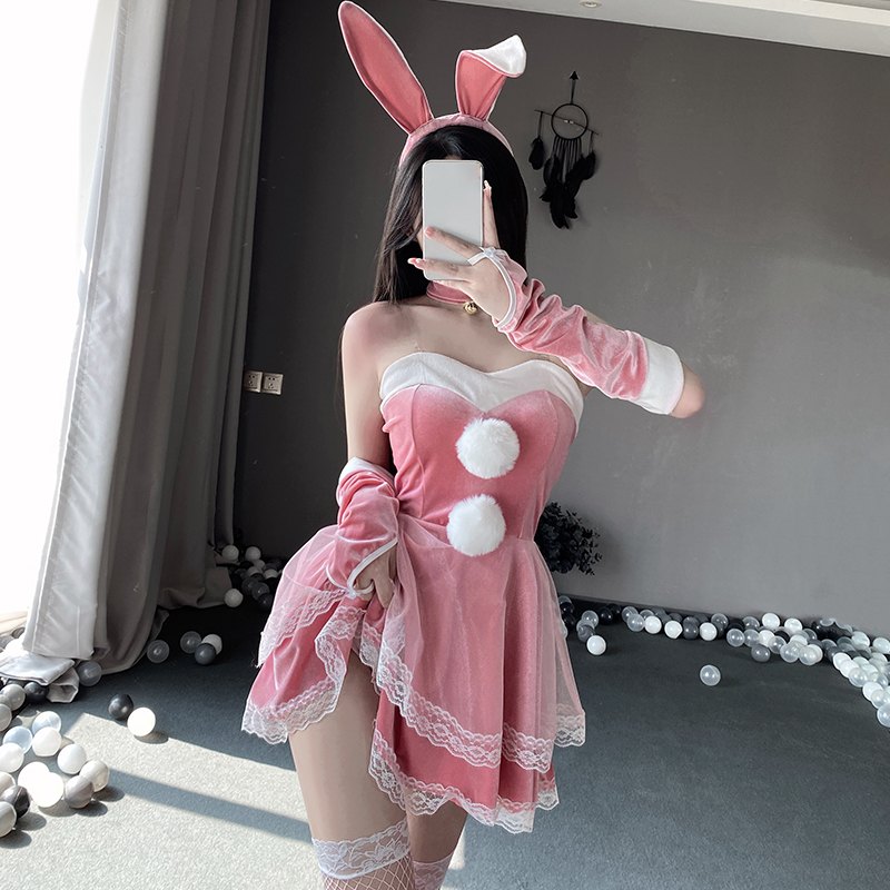 Pink + Stockings ruffled bunny girl roleplay costume