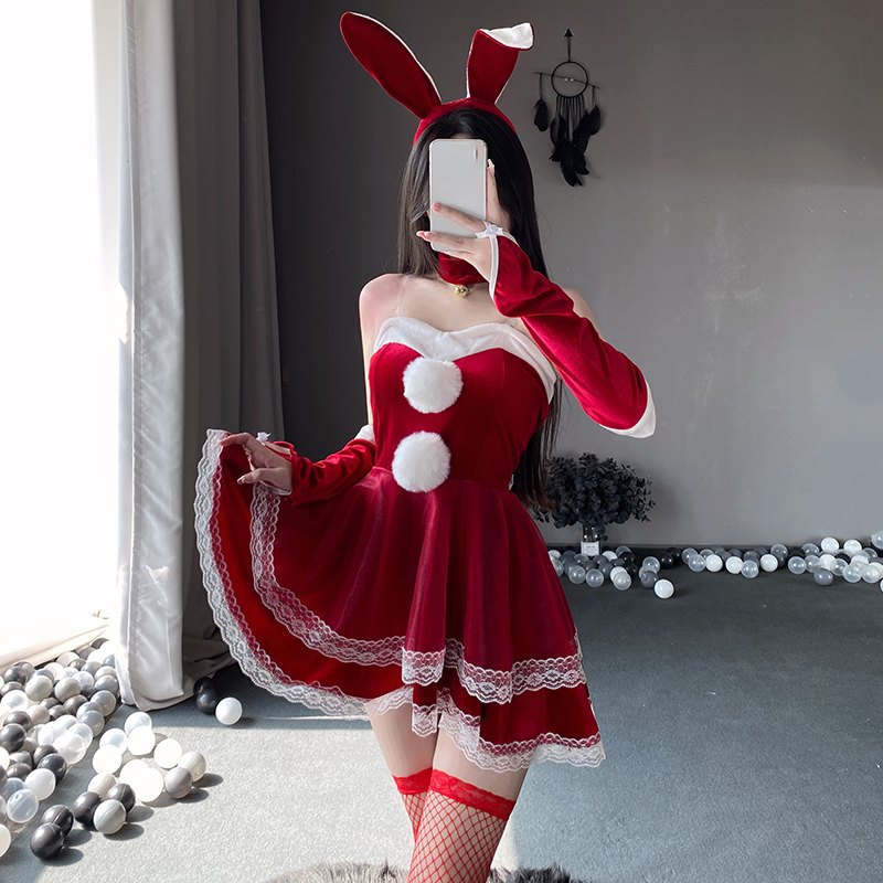 Red + Stockings ruffled bunny girl roleplay costume