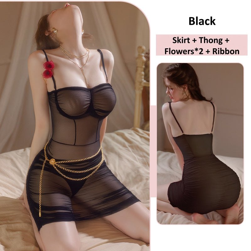 Black ruffled lace see through bodycon mini skirt