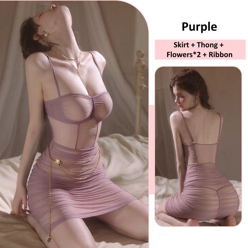 Purple ruffled lace see through bodycon mini skirt