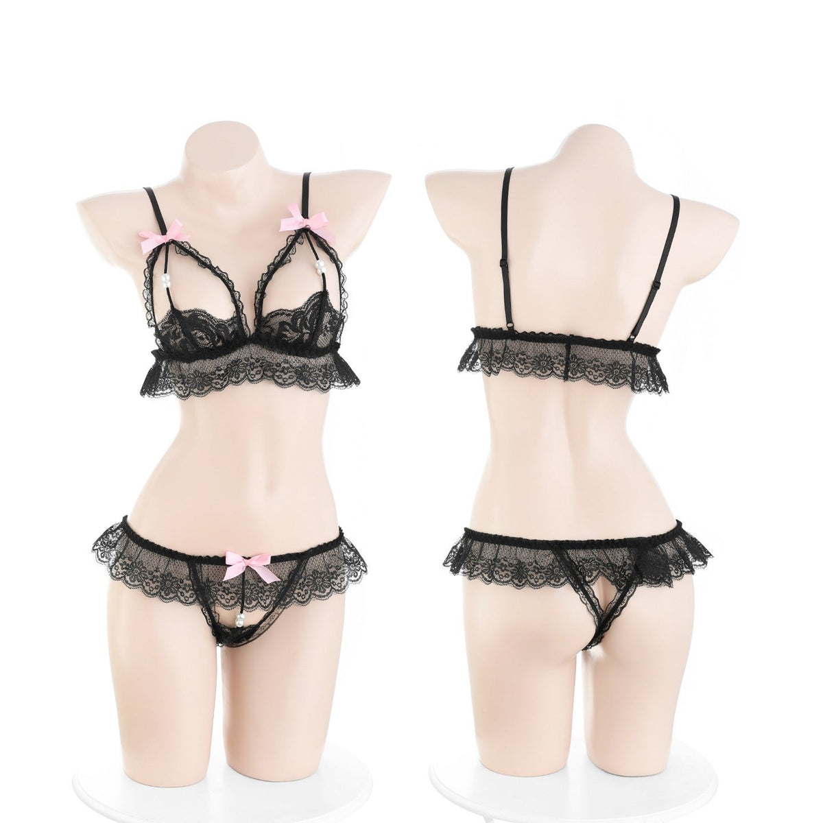 Ruffled lace three point crotchless bra set, photo 9