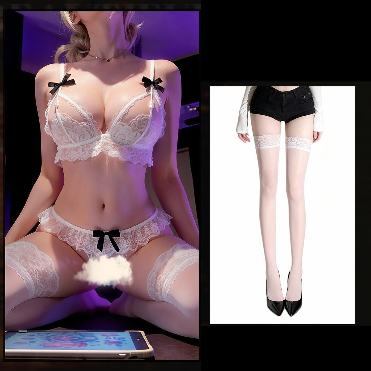 White with White Stockings ruffled lace three point crotchless bra set