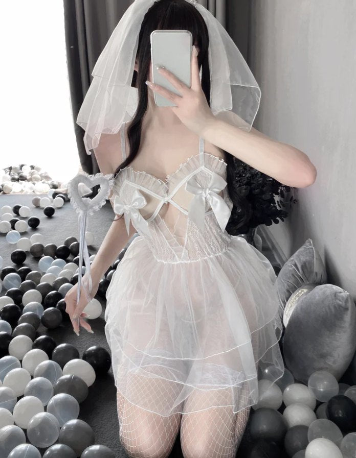 Nightgown + Stockings ruffled open cup lace babydoll