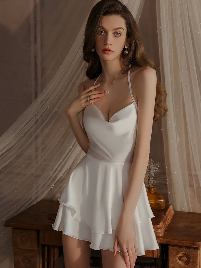 White ruffled satin camisole nightdress