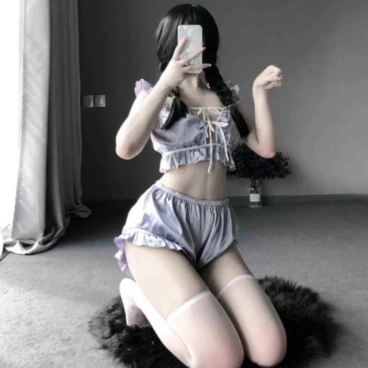Light Blue + Stockings ruffled satin camisole sleepwear set