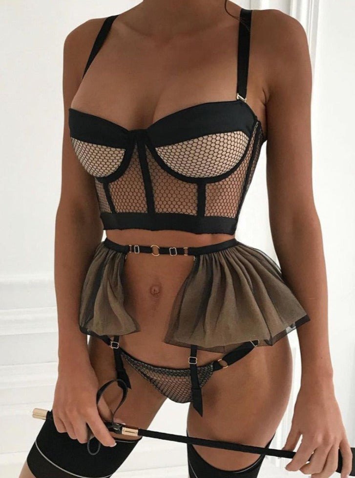 Black ruffled sheer garter bra set