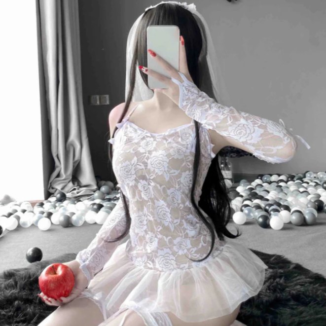 White + Stockings ruffled sheer lace bridal babydoll