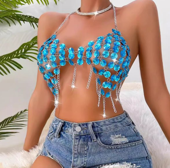 Blue sapphire chain halter bralette lingerie