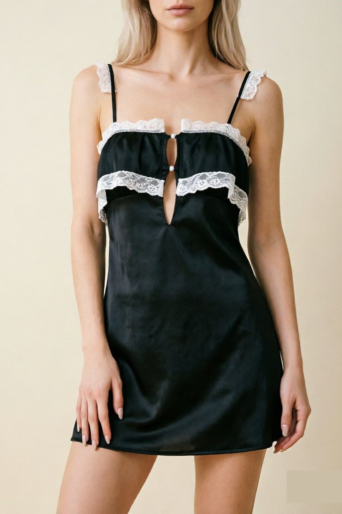 Black satin deep v lace trim nightgown chemise