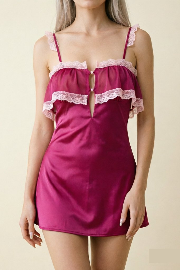 Rose Red satin deep v lace trim nightgown chemise