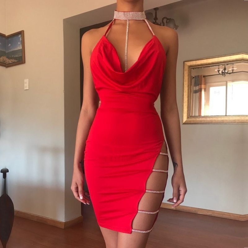 Red satin halter choker backless bodysuit