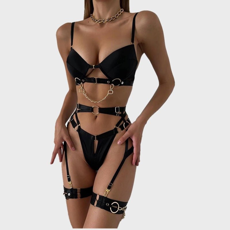 Satin harness underwire bra garter belt cuffs, photo 6