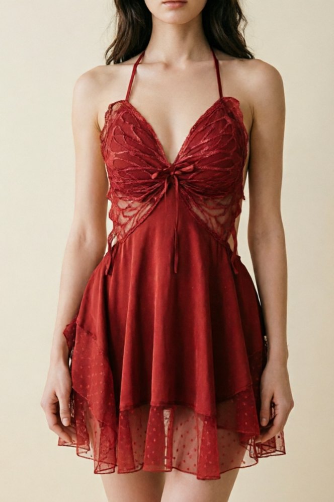 Burgundy satin lace cutout strappy babydoll nightgown