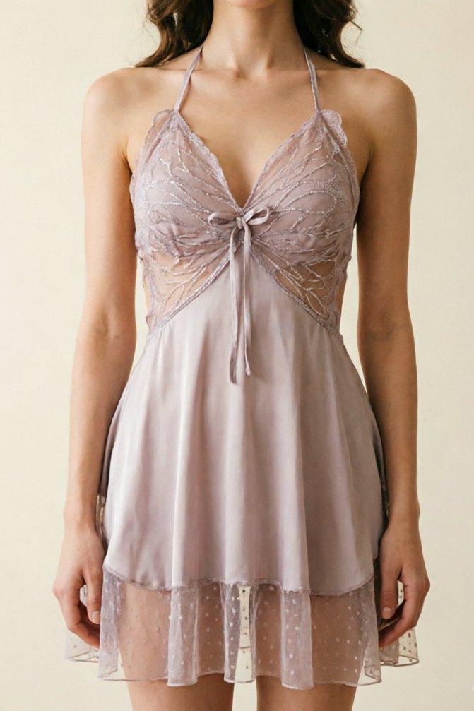 Purple satin lace cutout strappy babydoll nightgown