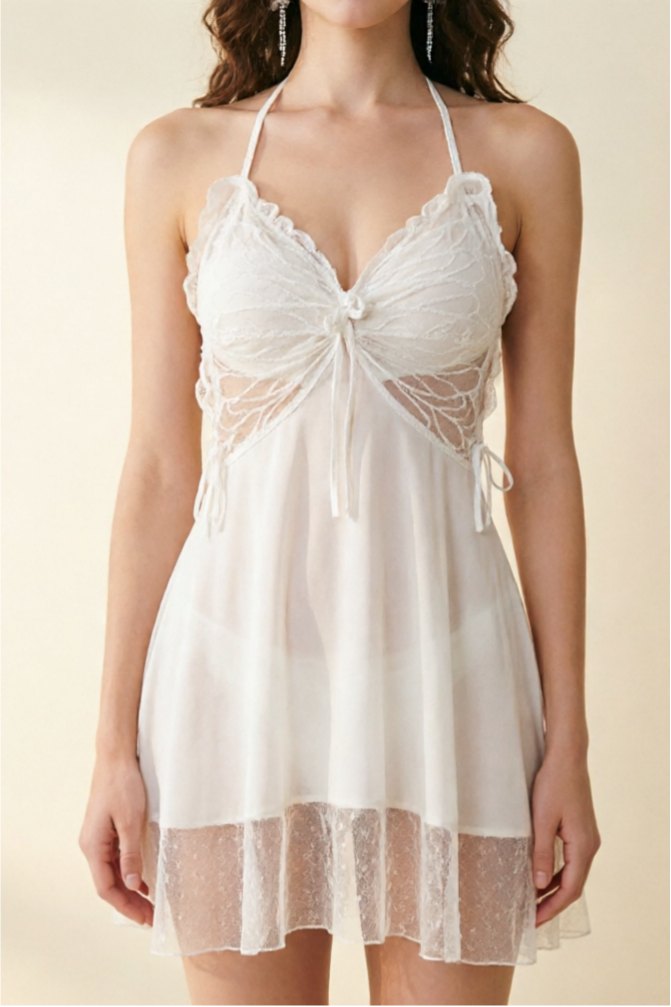 White satin lace cutout strappy babydoll nightgown
