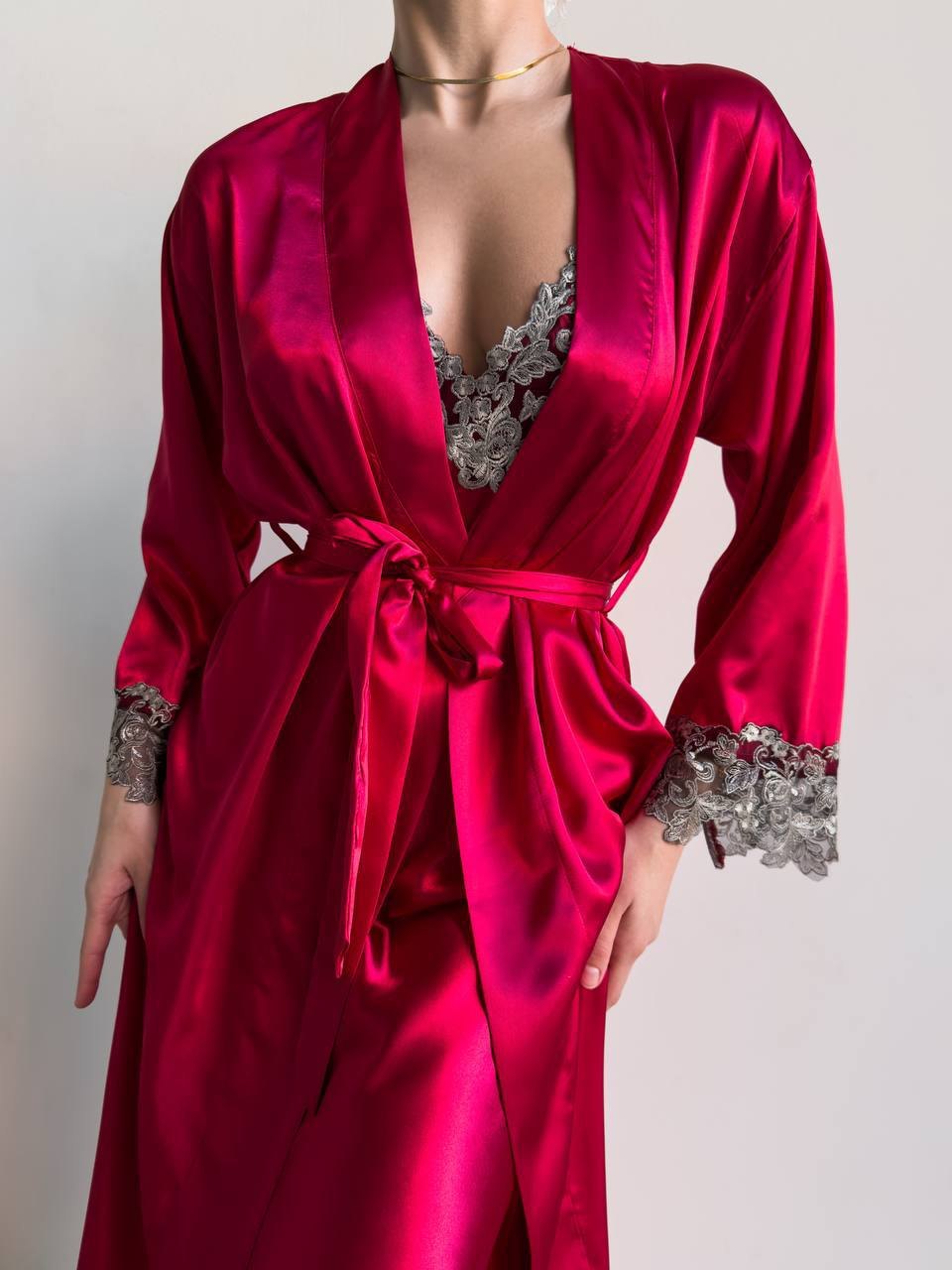 Satin lace trim chemise robe set, photo 3