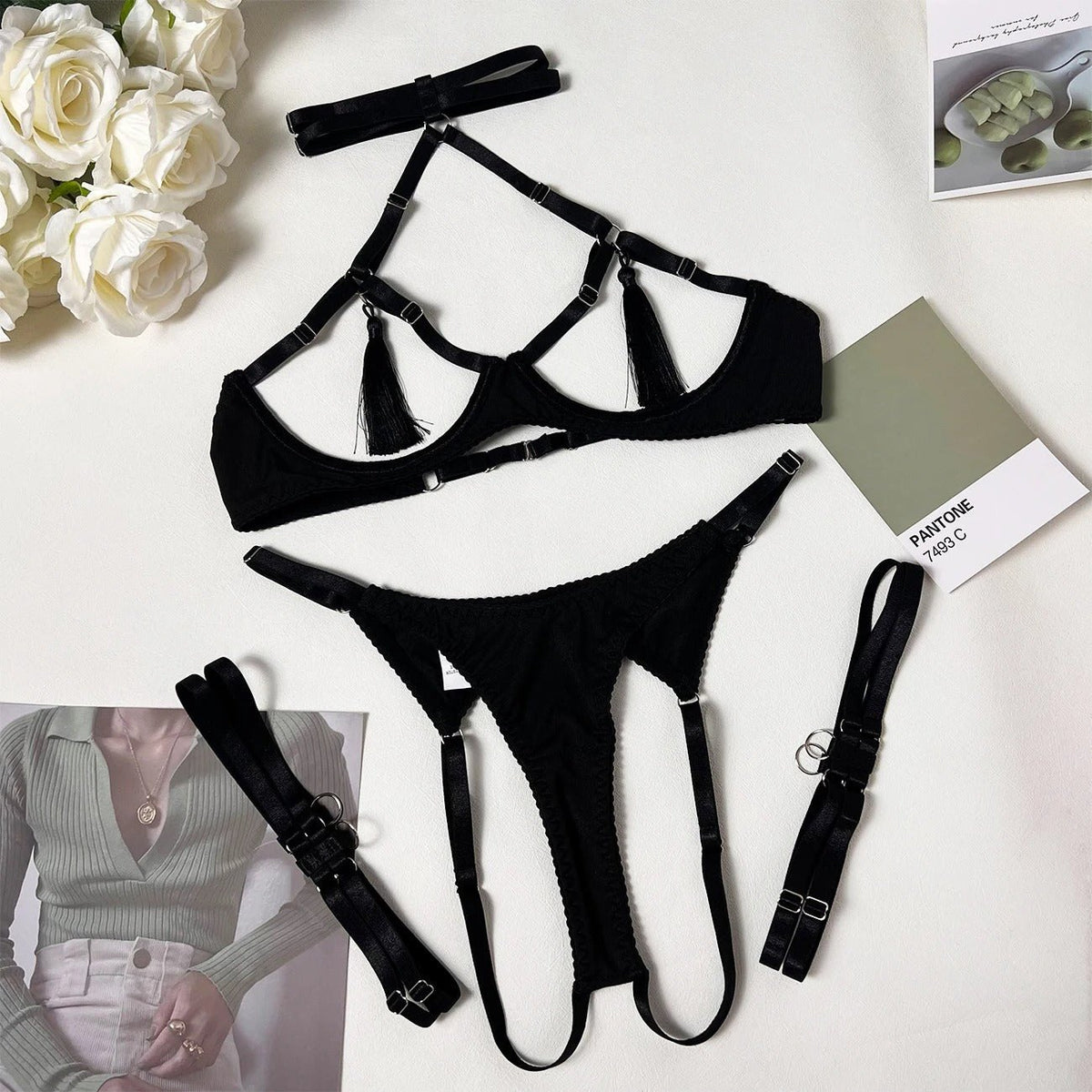Satin ribbon lace underwire bra set, photo 12