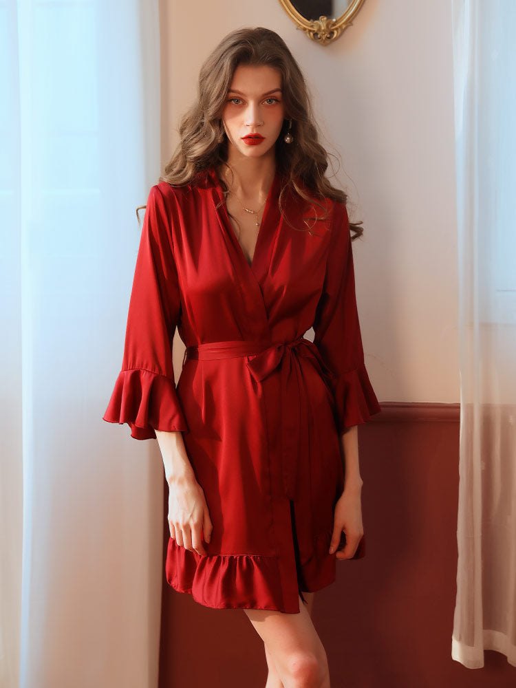 Red satin romantic sleepwear robe set
